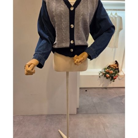 데님 소매 배색 브이넥 가디건