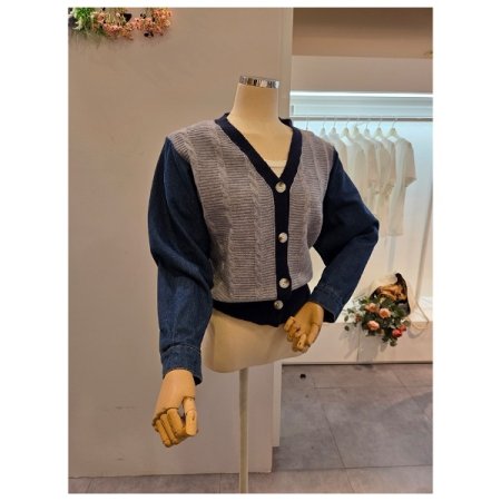 데님 소매 배색 브이넥 가디건