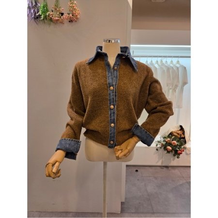 데님 카라 배색 니트 가디건