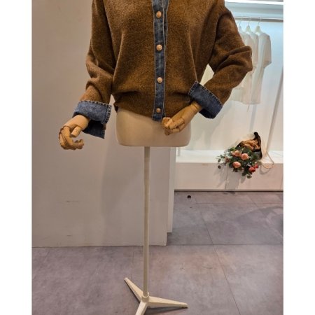 데님 카라 배색 니트 가디건