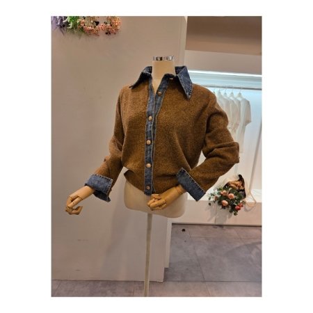 데님 카라 배색 니트 가디건