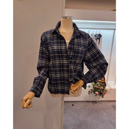 스트링 카라 체크 셔츠