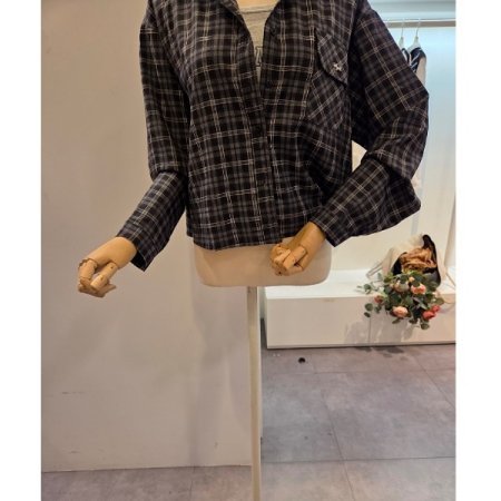 스트링 카라 체크 셔츠