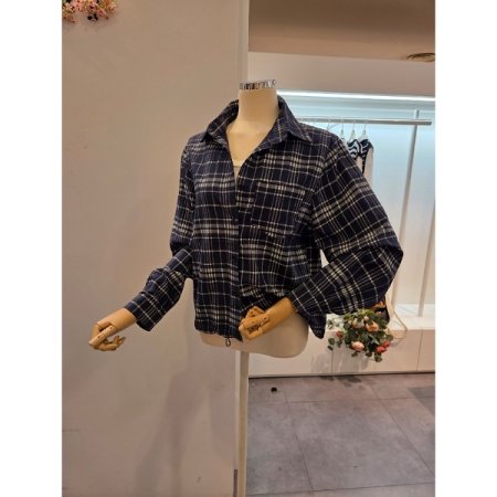 스트링 카라 체크 셔츠