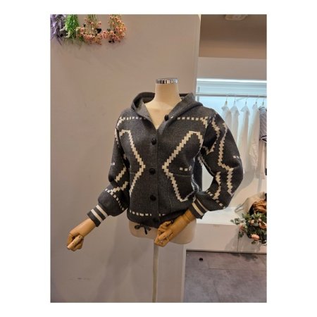 후드넥 패턴 스트링 가디건