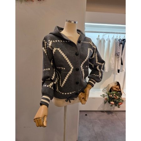 후드넥 패턴 스트링 가디건