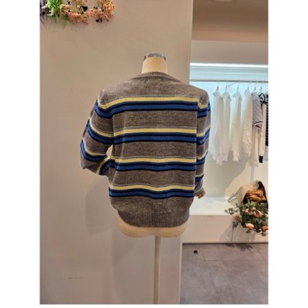 삼색 줄무늬 라운드 가디건