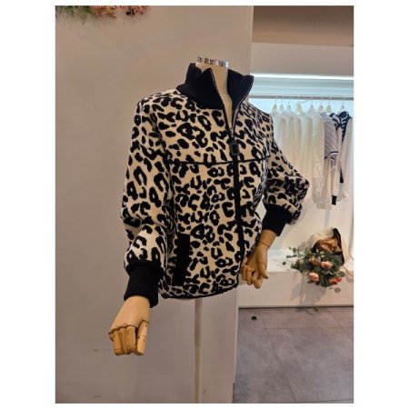 하이넥 레오파드 니트 집업점퍼