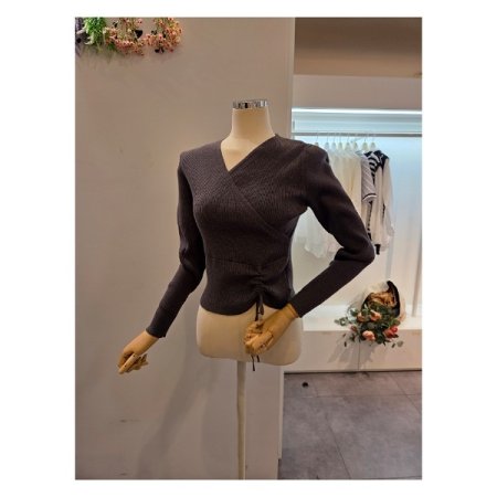 스트링 브이넥 골지 니트