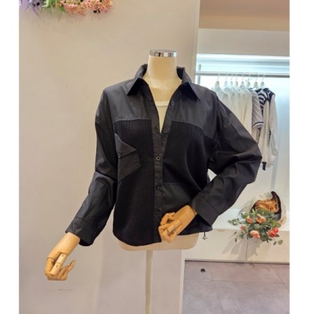 니트 배색 카라 스트링 셔츠