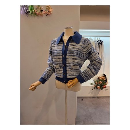 카라 배색 패턴 니트 가디건