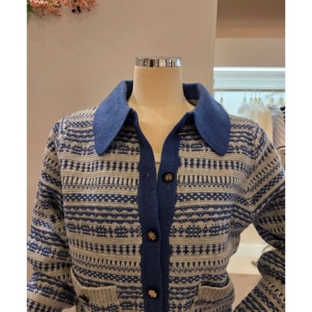 카라 배색 패턴 니트 가디건