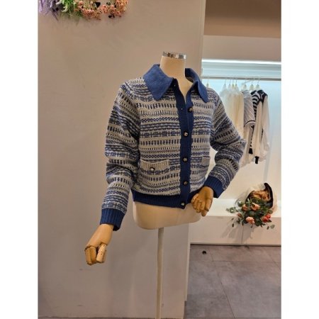 카라 배색 패턴 니트 가디건