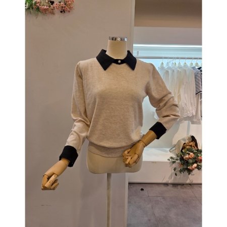카라 단추 소매 배색 니트