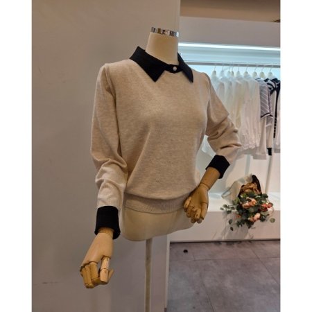 카라 단추 소매 배색 니트