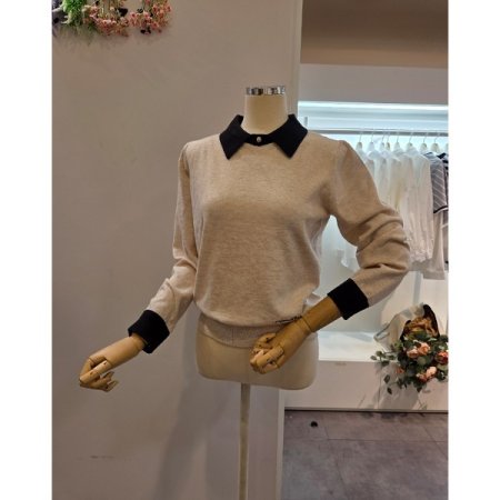 카라 단추 소매 배색 니트
