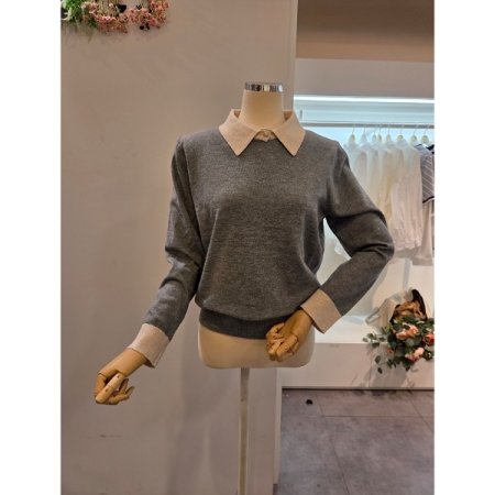 카라 단추 소매 배색 니트