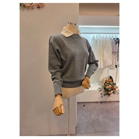 무지 카라 배색 니트