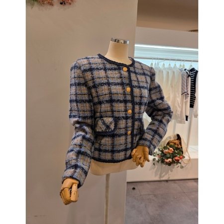 데님 트리밍 체크 트위드 자켓