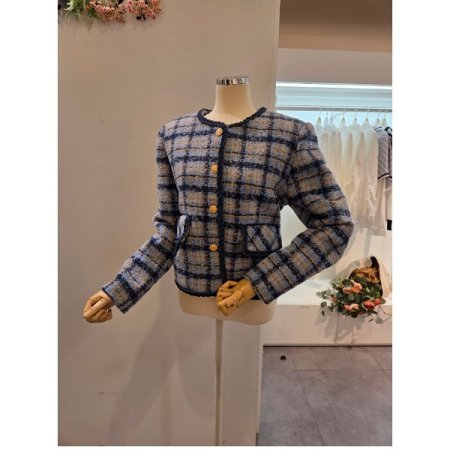 데님 트리밍 체크 트위드 자켓