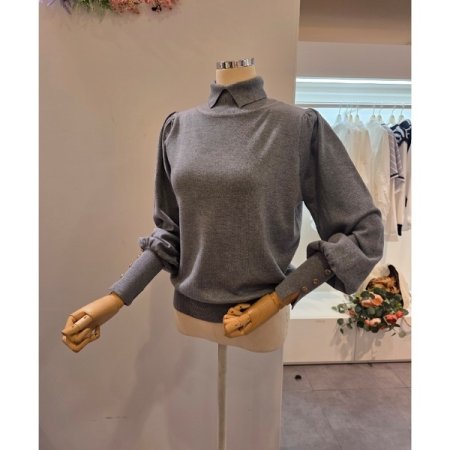 폴라 카라 퍼프 소매 니트