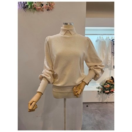 폴라 카라 퍼프 소매 니트