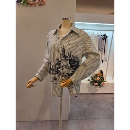 블랙 프린트 스트라이프 셔츠