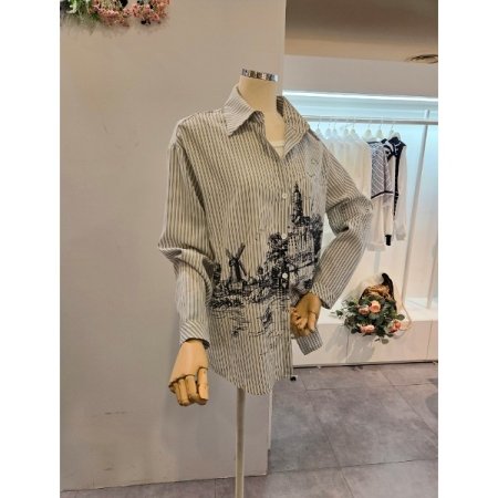 블랙 프린트 스트라이프 셔츠