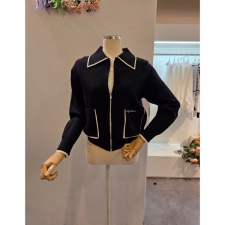 카라 줄 배색 집업 가디건