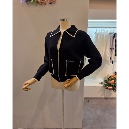 카라 줄 배색 집업 가디건