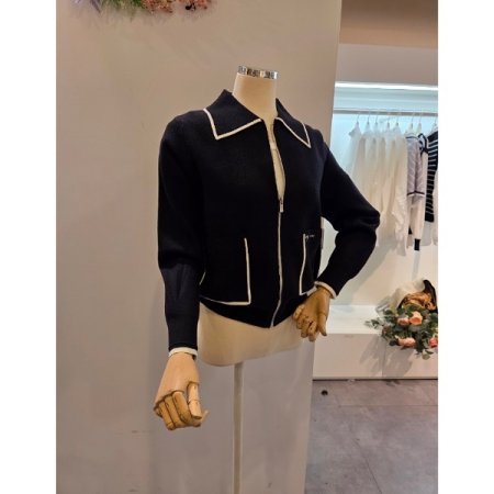 카라 줄 배색 집업 가디건