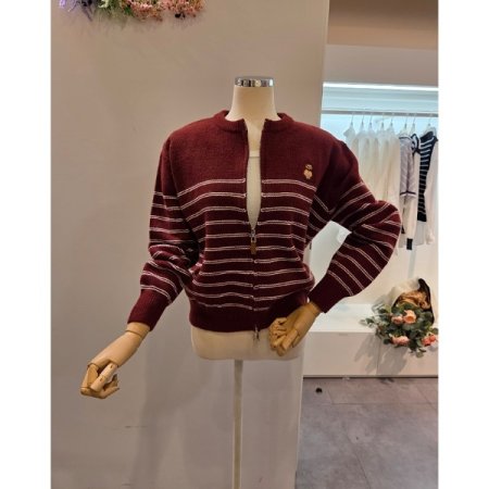 라운드 집업 줄무늬 가디건