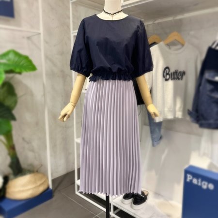 배색 주름 스트링 원피스