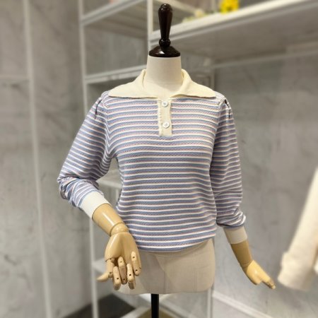 투버튼 카라 줄무늬 니트