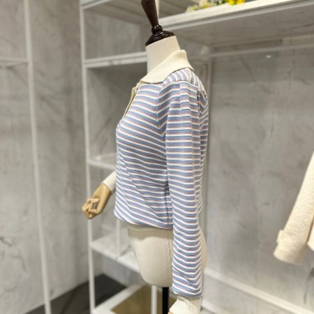 투버튼 카라 줄무늬 니트