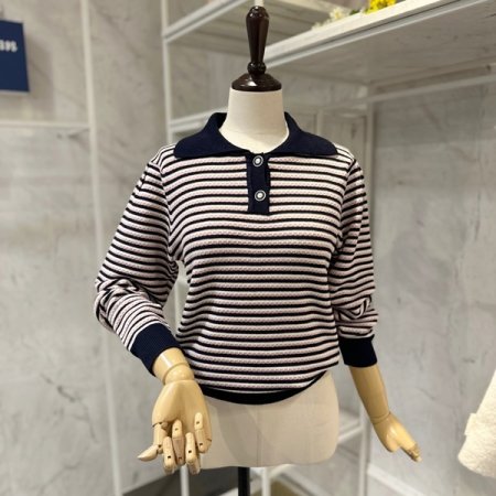 투버튼 카라 줄무늬 니트