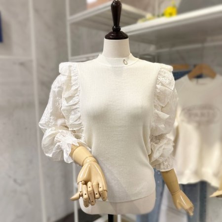 양 러플 레이스 니트