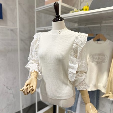 양 러플 레이스 니트