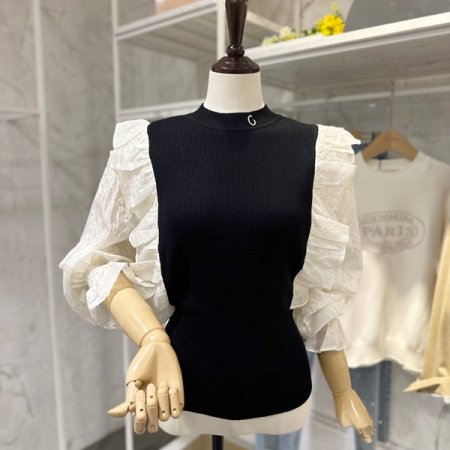 양 러플 레이스 니트