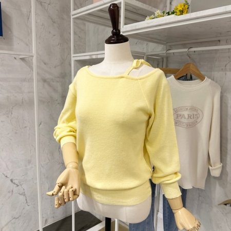 언발 어깨 리본 니트