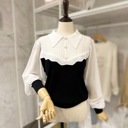 시스루 배색 카라 니트