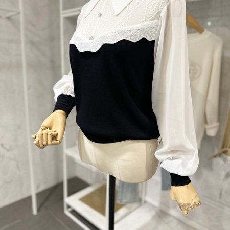 시스루 배색 카라 니트