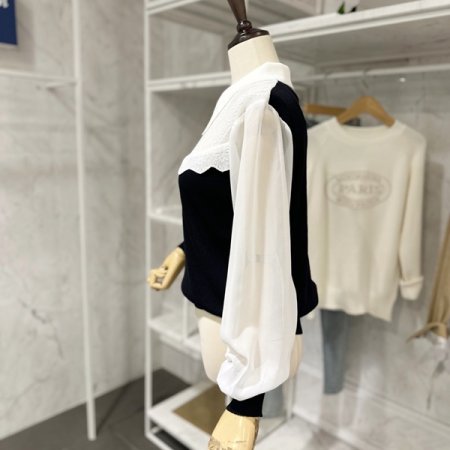 시스루 배색 카라 니트
