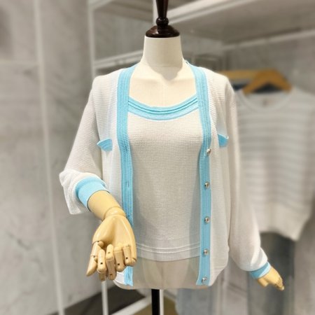 배색 탑 가디건 세트
