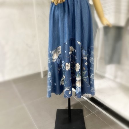 배색 플라워 체크 청 스커트