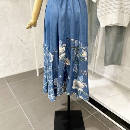 배색 플라워 체크 청 스커트