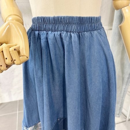 배색 플라워 체크 청 스커트