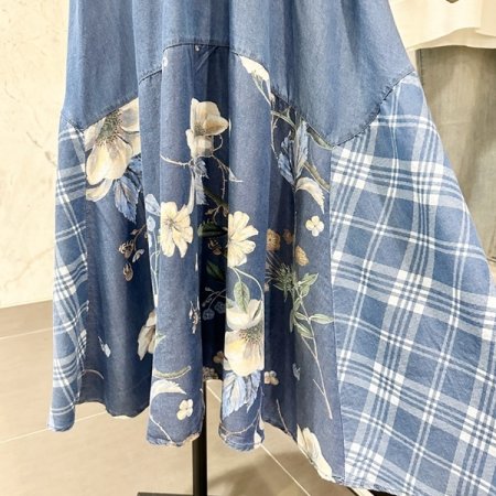 배색 플라워 체크 청 스커트