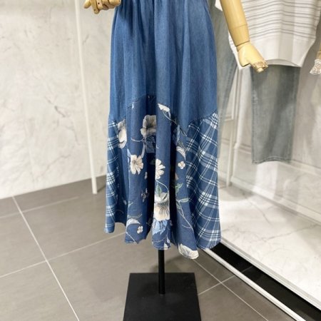 배색 플라워 체크 청 스커트