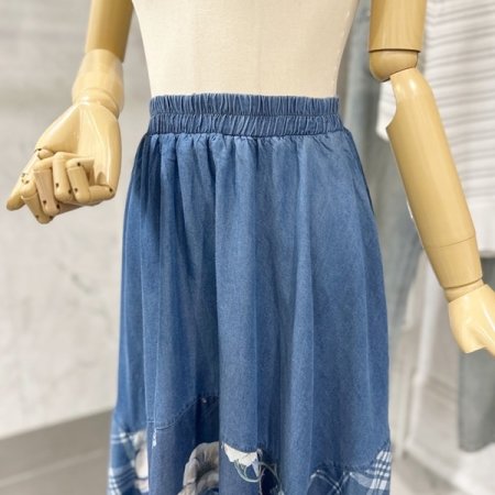 배색 플라워 체크 청 스커트